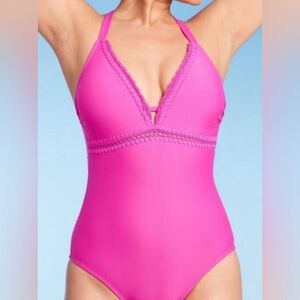 Women’s Hot Pink One-Piece Swimsuit with Crochet Trim